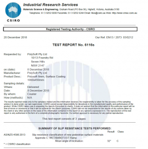 CSIRO test report certifying PolySoft slip resistance of 32 degrees, Class C under AS/NZS 4586 wet barefoot ramp test