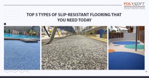 Three examples of slip-resistant beaded surfacing: a blue pool surround, a grey aquatic concourse walkway, and a blue splash pad with colourful circle inlays