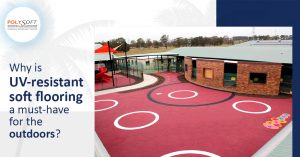 School playground with vibrant magenta UV-resistant soft-fall surfacing featuring white circles and hopscotch graphics under a shade sail